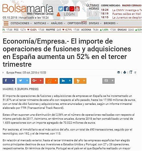 El importe de operaciones de fusiones y adquisiciones en Espaa aumenta un 52% en el tercer trimestre